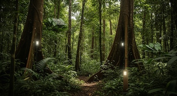 Bosque denso con árboles grandes, vegetación exuberante y un sendero. Hay paneles solares integrados en el follaje y postes de luz con sensores.