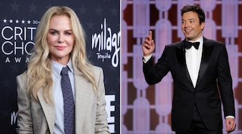 Imagen dividida con Nicole Kidman a la izquierda vistiendo traje y corbata, y Jimmy Fallon a la derecha vistiendo esmoquin.