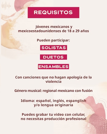 Póster digital con el título "REQUISITOS" en rosa, listando en texto oscuro criterios de una convocatoria musical para jóvenes, con fondo abstracto de formas suaves