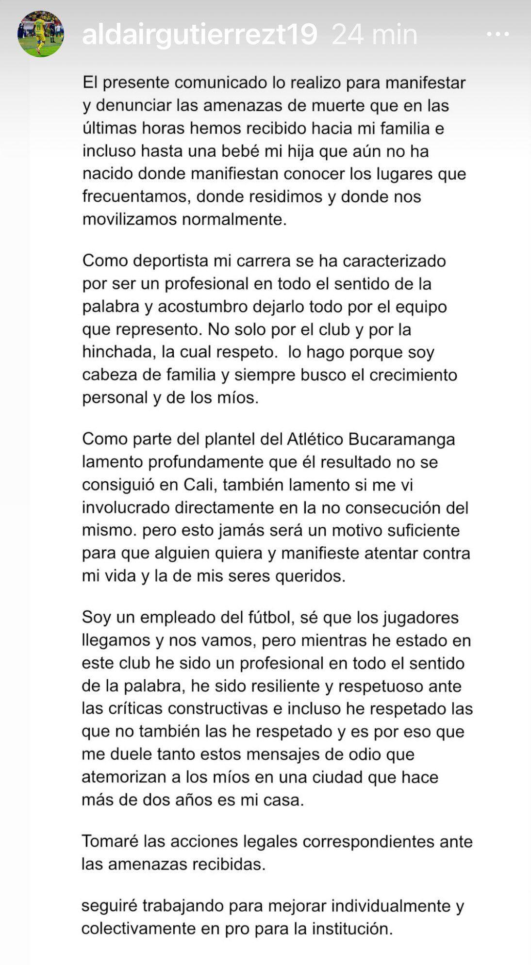 Aldair Gutiérrez denunció las amenazas a través de sus redes sociales, después de la Copa Sudamericana - crédito @aldairgutierrezt19/Instagram