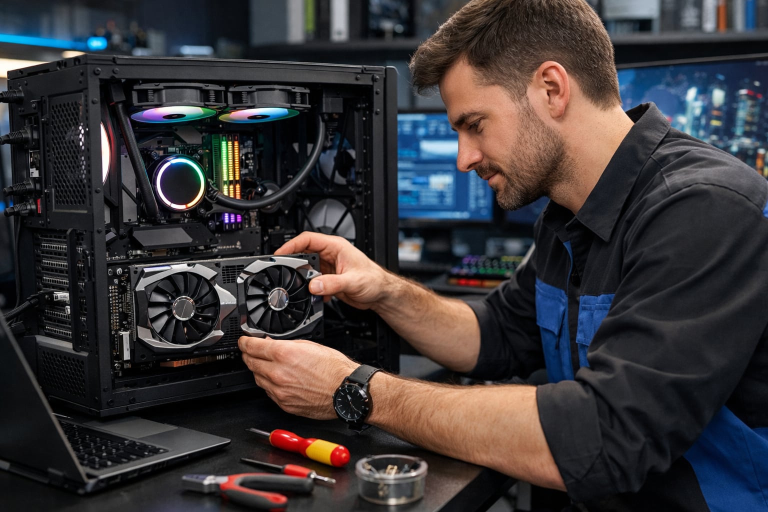 Un técnico de soporte especializado realiza mantenimiento preventivo a una PC gamer, revisando componentes clave como la tarjeta gráfica, memoria RAM y el sistema de refrigeración en una moderna oficina tecnológica. (Imagen Ilustrativa Infobae)