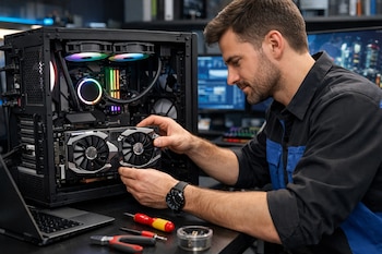 Un técnico con barba en camisa azul y negra manipula una tarjeta gráfica en el interior de una PC gamer abierta con luces LED. Herramientas y un portátil visibles en la mesa.