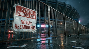 Reja metálica de un estadio cerrada con cadena y candado; un cartel de "EVENTO CANCELADO" pegado; suelo mojado con entradas; luces de la ciudad y lluvia.