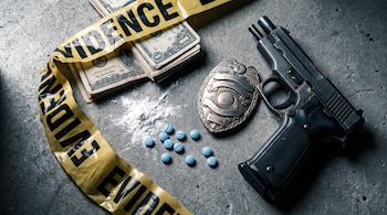 Fajos de dólares, polvo blanco, pastillas azules, una pistola, una placa de policía y cinta amarilla "EVIDENCE" en una superficie gris.