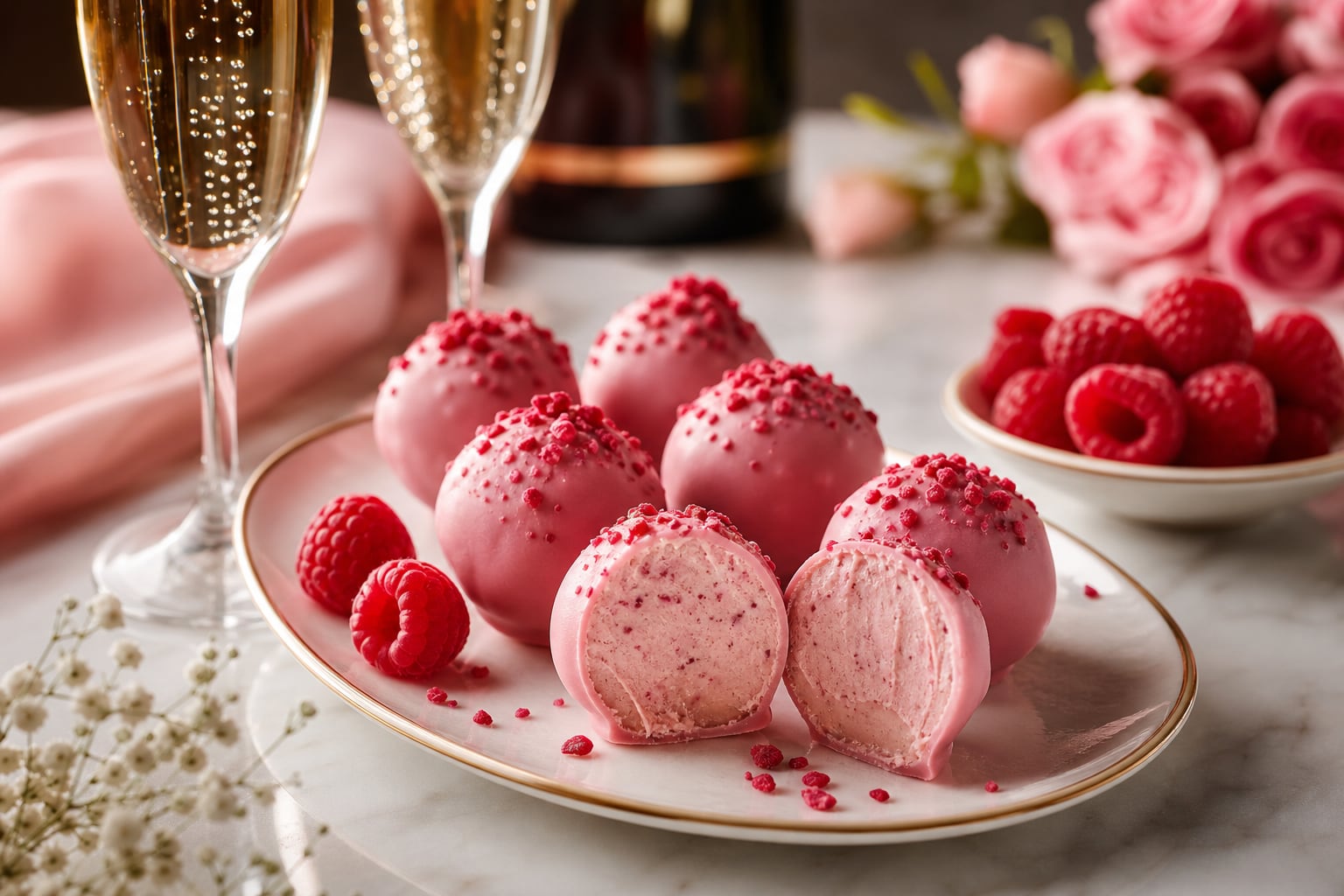 Un plato con trufas de chocolate con cava y frambuesa se acompaña de copas de vino espumoso y frutas frescas. (Imagen Ilustrativa Infobae)
