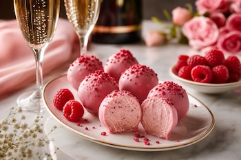 Trufas rosadas en un plato ovalado, una cortada al medio, junto a frambuesas, dos copas con vino espumoso y rosas.