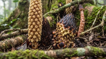 Primer plano de varias plantas parásitas emergiendo del suelo forestal, con una espiga floral crema y una estructura cónica oscura con escamas.
