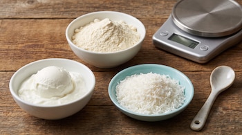 Tres cuencos con yogur griego, proteína en polvo y coco rallado, una cuchara y una báscula digital sobre una mesa de madera.
