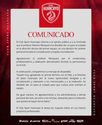 Comunicado de Sport Huancayo oficializando