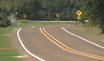 Carretera asfaltada con doble línea amarilla y arcén blanco, flanqueada por vegetación, señales de tráfico de curva y un buzón