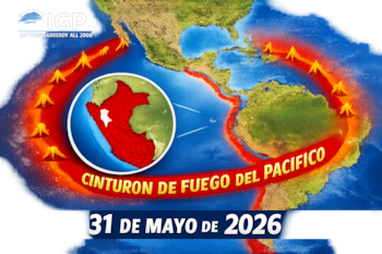 Mapa del Cinturón de Fuego del Pacífico en América, con volcanes y mapa de Perú en rojo. Incluye el logo del IGP y la fecha 31 de mayo de 2026.