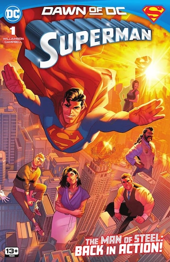 Ilustración de la portada de un cómic con Superman volando, seis personajes, edificios de una ciudad, cielo anaranjado y los logos de DC Comics y Dawn of DC
