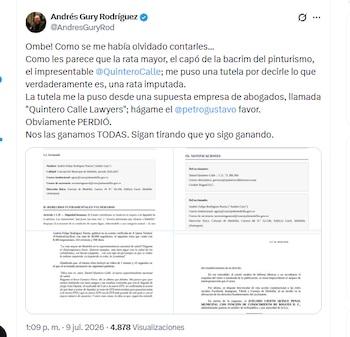 El concejal Andrés Gury Rodríguez informó que el superintendente Daniel Quintero presentó una tutela en su contra, la cual fue declarada improcedente - crédito @AndresGuryRod/X