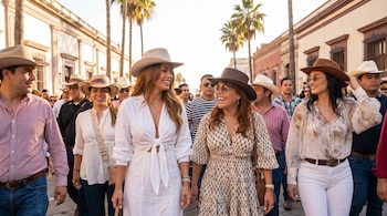Magaly Medina y Sheyla Rojas sonriendo, con sombreros, caminando por una calle concurrida con edificios coloniales y palmeras de fondo en México.