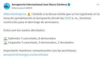 Aeropuerto de Rionegro presenta retraso en operaciones por condiciones climáticas - crédito @AeropuertoMDE/X
