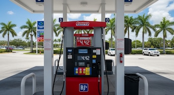 Surtidor de gasolina rojo y gris con logos de Costco, BJ's, y Sam's Club. Muestra USD 4.42 por galón. Palmeras, cielo azul y autos aparcados de fondo.