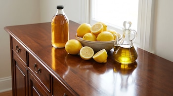 Mueble de madera pulido con una botella de vinagre, un cuenco de limones enteros y cortados, y una aceitera de vidrio con aceite de oliva cerca de una ventana.
