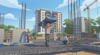 Ilustración de obreros con casco en una estructura de varillas de acero junto a un edificio y una grúa.
