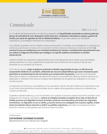 Cathy Juvinao insistió en que la migración no puede justificar el desconocimiento de los derechos fundamentales - crédito @CathyJuvinao/X