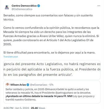 Centro Democrático le responde al senador Wilson Arias - crédito @CeDemocratico