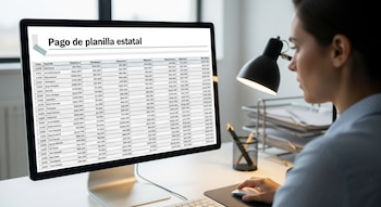 Una mujer de perfil derecho frente a un monitor de computadora que muestra una hoja de cálculo con el título 'Pago de planilla estatal'. Tiene la mano en un ratón.