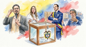 Acuarela de una urna electoral de madera y cristal con el escudo de Colombia, rodeada por los políticos Iván Cepeda, Paloma Valencia, Abelardo de la Espriella y Sergio Fajardo.