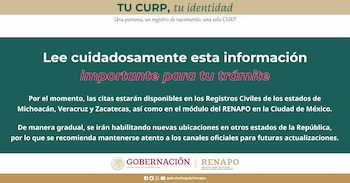 Captura de pantalla de un aviso oficial del gobierno mexicano en español, detallando la disponibilidad de citas para la CURP en varios estados y CDMX