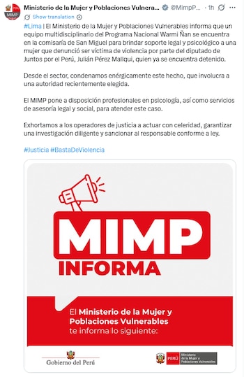 Gráfico con texto "MIMP INFORMA" en letras rojas grandes sobre un fondo blanco, un ícono de megáfono rojo, y logotipos del Gobierno de Perú