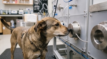 Perro de pelaje marrón y beige con el hocico pegado a un puerto circular de acero inoxidable en un panel de laboratorio.