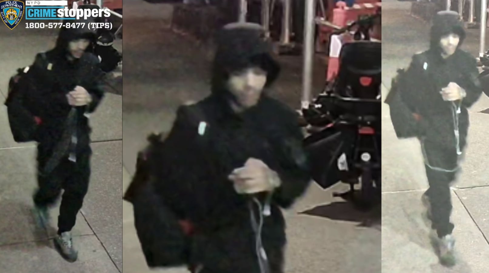 El presunto agresor fue captado por cámaras de seguridad mientras caminaba por una vereda con ropa completamente negra (NYPD Crime Stoppers)