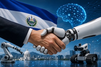 Una mano humana en traje estrecha la mano de un robot frente a la bandera de El Salvador, un cerebro digital y brazos mecánicos.