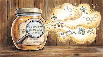 Ilustración de un frasco de miel con una lupa sobre su etiqueta, revelando estructuras moleculares que flotan sobre un fondo de madera.