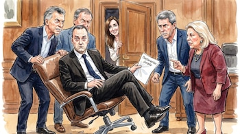 Ilustración de Manuel Adorni sentado en una silla ejecutiva que se tambalea, sosteniendo un documento, presionado por Macri, Schiaretti, Uñac y Carrió. Victoria Villarruel sonríe desde una puerta.