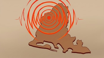 Silueta cartográfica de color marrón con círculos concéntricos anaranjados y un trazo de sismograma sobre fondo beige claro.