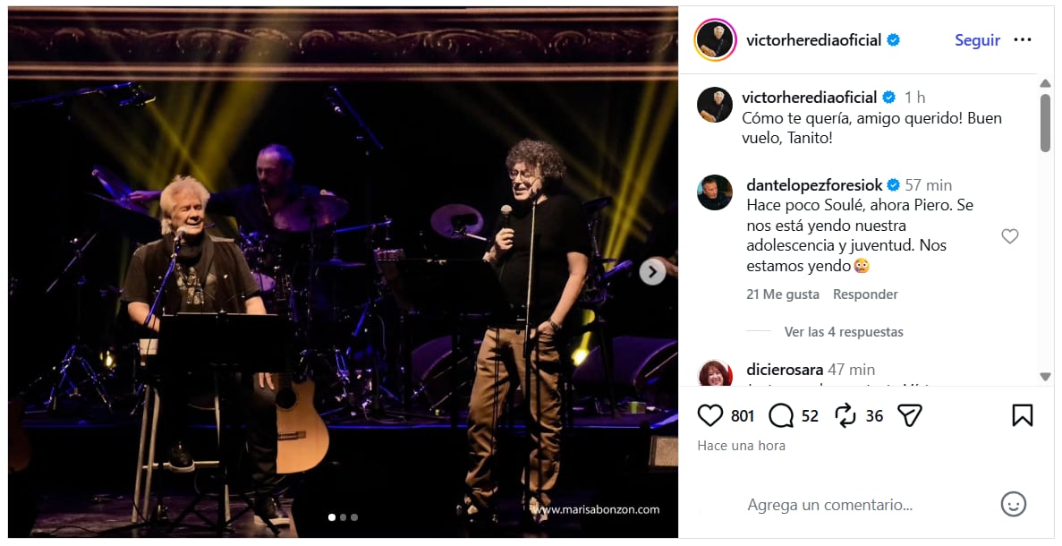 Víctor Heredia publicó una fotografía de ambos sobre un escenario y resumió en pocas palabras el vínculo afectivo que los unió a lo largo de toda su trayectoria artística