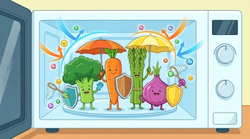 Caricatura de brócoli, zanahoria, espárrago y cebolla sonrientes en un microondas, con escudos y paraguas protegiéndolos de rayos de calor, mientras atrapan vitaminas.