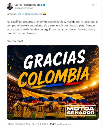El senador Carlos Fernando Motoa resaltó la gallardía y el sentido de pertenencia que mostró la Selección Colombia durante el torneo - crédito @senadormotoa/X