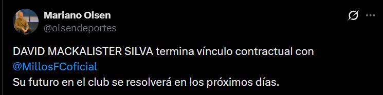 Millonarios dejó que el contrato de David Mackalister Silva terminara y, por ahora, estaría libre en el mercado - crédito @olsendeportes/X