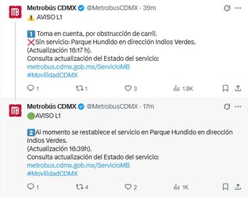Actualización del Metrobús. Foto: x.com/@MetrobusCDMX