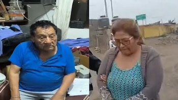 Un hombre de mediana edad con camisa azul sentado en interiores y una mujer con gafas y blusa estampada de pie al aire libre, en una imagen dividida