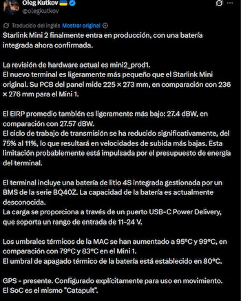 El filtrador Oleg Kutkov dio detalles de lo que sería la Starlink Mini 2.