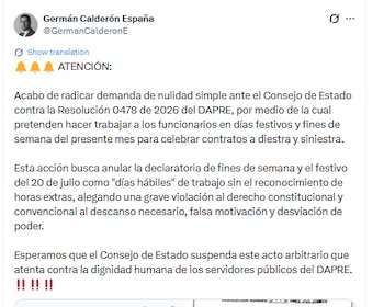 El abogado Germán Calderón radicó una demanda de nulidad simple contra la resolución del Dapre - crédito @GermanCalderonE/X
