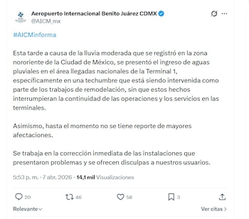 El AICM confirmó la filtración de lluvia en la Terminal 1 (X/ @AICM_mx)
