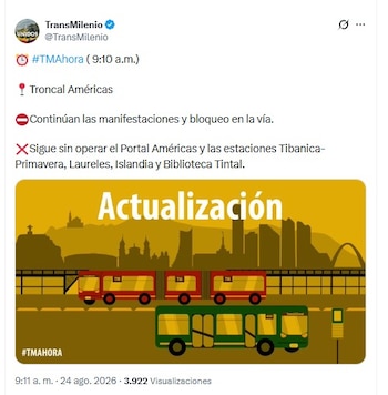 Los servicios de alimentación hacia el Portal de las Américas permanecen cancelados por las manifestaciones - crédito Transmilenio/X