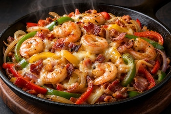 Sartén de hierro con camarones, pimientos de varios colores, cebolla, trozos de tocino y queso fundido.
