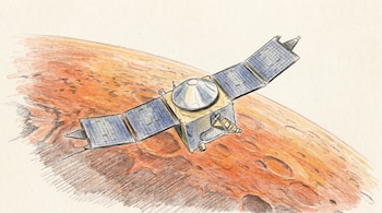 Ilustración a lápiz a mano alzada de una sonda espacial gris con paneles solares azules extendidos, volando sobre la superficie naranja y craterizada del planeta Marte.