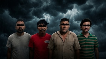 Cuatro hombres de pie, con barras negras cubriendo sus ojos, frente a un cielo oscuro y nubes grises de tormenta con lluvia cayendo.