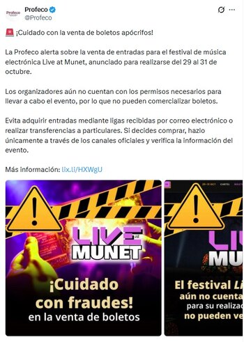 Profeco advierte de venta de boletos para el Live at Munet (X/@Profeco)