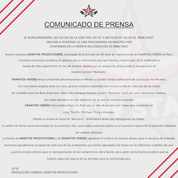 Comunicado sobre presentación de Enanitos Verdes en Perú.