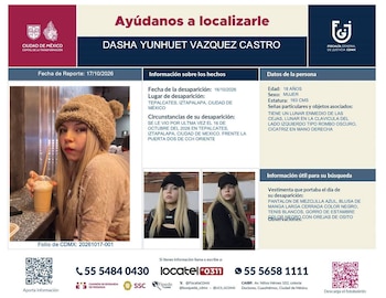 Ficha con tres fotografías de una mujer joven, señas particulares, fecha de extravío en Iztapalapa y números de contacto de las autoridades